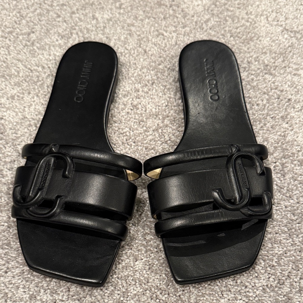 Jimmy Choo Black Leather Sandals with Gold Accent